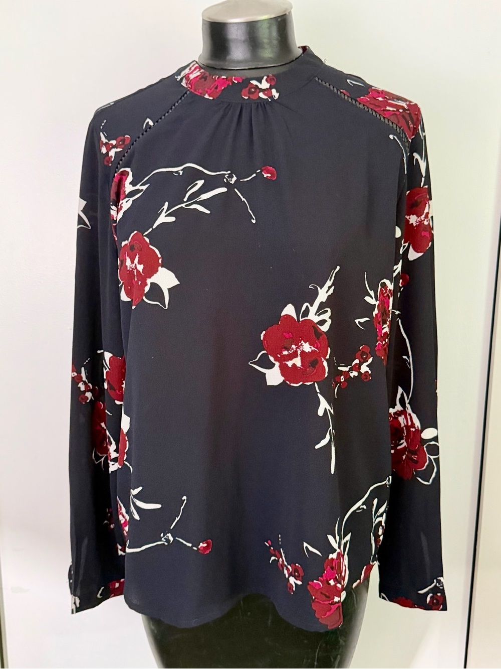 Only Black Long-Sleeve Top with Red Floral Print